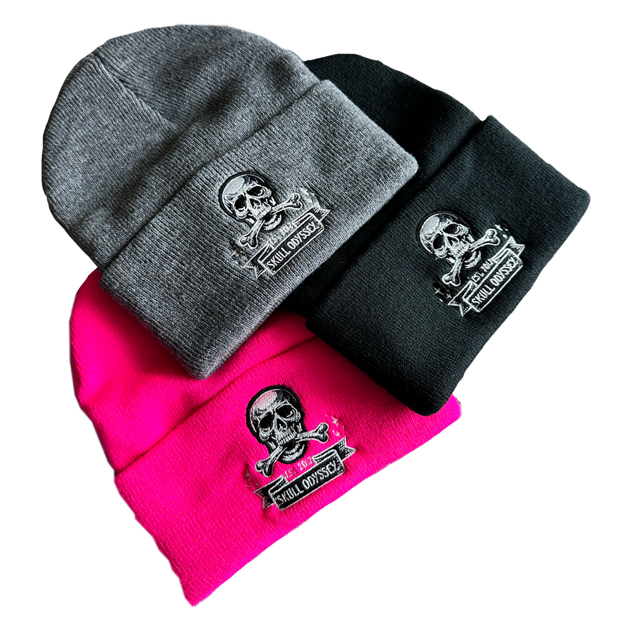 Skull Odyssey Embroidered Beanie SkullNBone Embroidered Beanie 100% Acrylic #1 Selling Beanie $35 Colors: Black, Pink, & Grey.